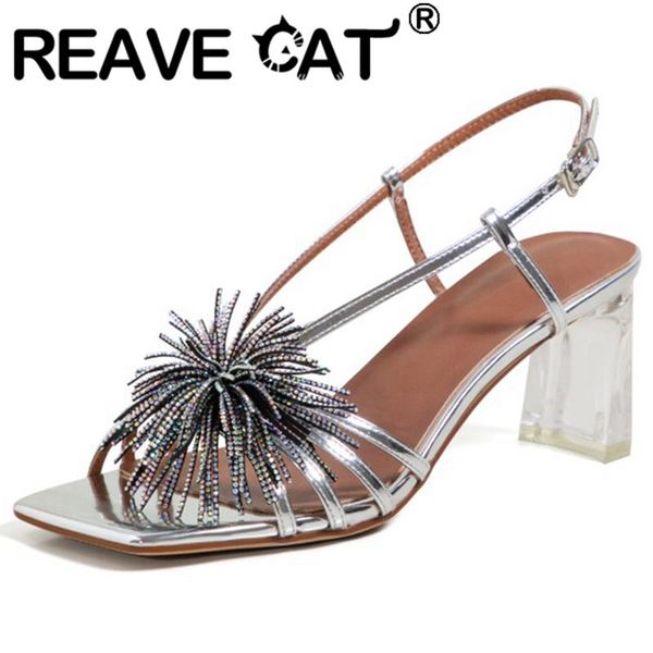 

sandals reave cat 2021 fashion open toe rhinestone buckle strap 6cm slingbacks transparent square heel us12 black silver a4234