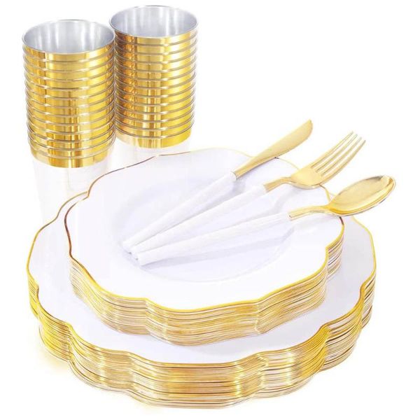 

disposable dinnerware 60-piece party tableware bronzing lace-shaped plastic plate cup silverware set birthday wedding supplies