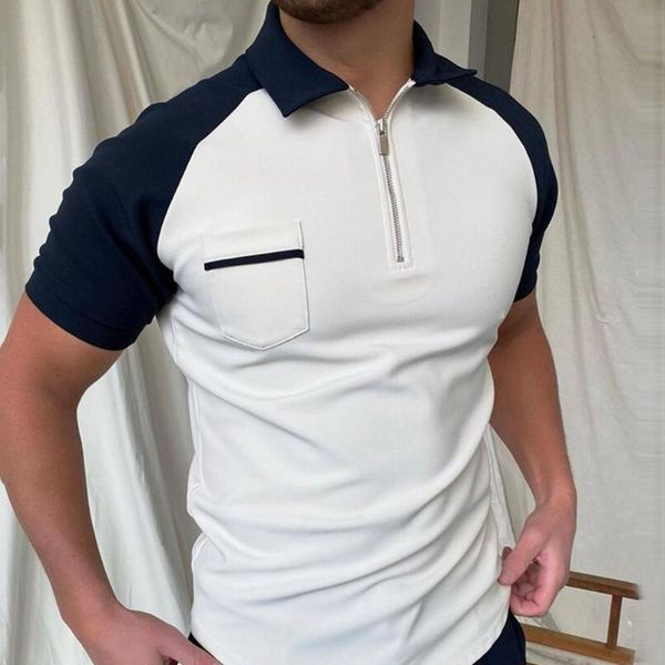 

men's t-shirts 2021 summer men t-shirt turn-down collar color block zipper loose lapel pocket casual plus size, White;black