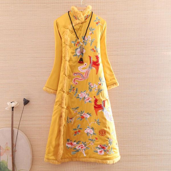 

women qipao dress autumn and winter royal embroidery vintage elegant lady warm cheongsam s -xxl ethnic clothing, Red