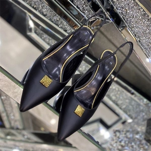 

summer new family rivet high-heeled pointed baotou sandals women's thin heel cowhide one line belt back empty single shoe fashion 70% o, Black