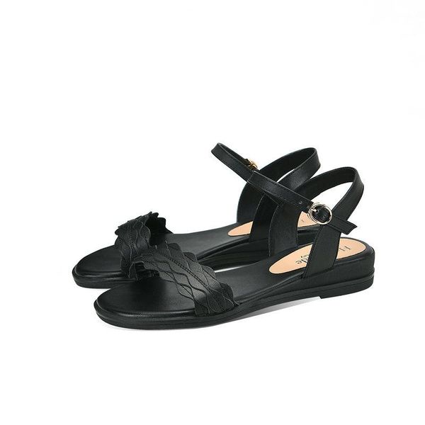 

shoes woman buckle sandals women wedges low heels genuine leather big size, Black