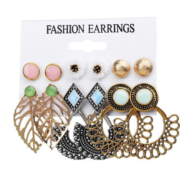 

f136 ear jewelry creative simple flower leaf earring set 6 pieces, Golden