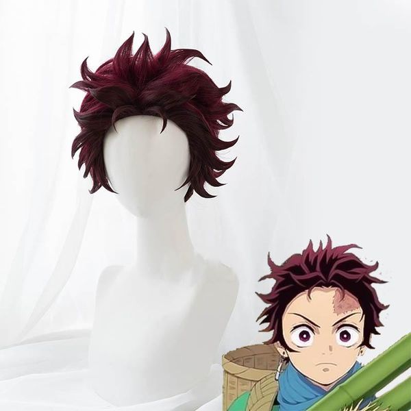 

party masks kamado tanjirou cosplay wig for demon slayer: kimetsu no yaiba characters play wigs with cap