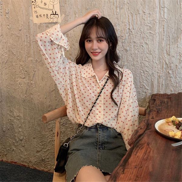 

women's blouses & shirts polka dot chiffon shirt women korean spring and summer loose casual long-sleeved student ns2021, White