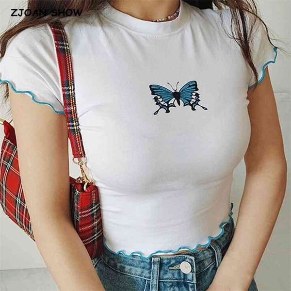 

summer women butterfly print cap sleeved crop wood ears hem short tee 210429, White