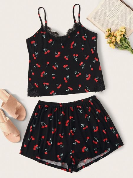 

plus cherry print contrast lace cami pj set h6vu#, Black;white