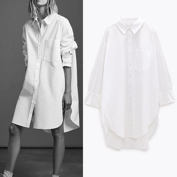 

autumn 2021 za white oversized button up shirts women blouses blue collar poplin shirt long sleeve plus size ladies pocket
