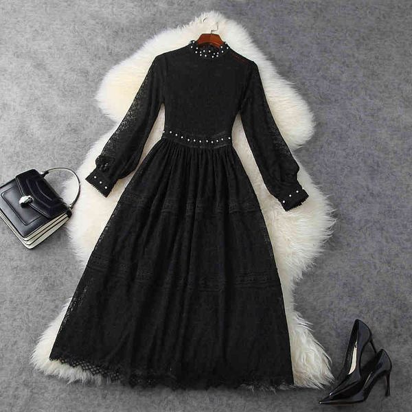 

casual dresses spring black length slim long nail bead dress with waist closing mesh women cut out lace retro party zqiu, Black;gray