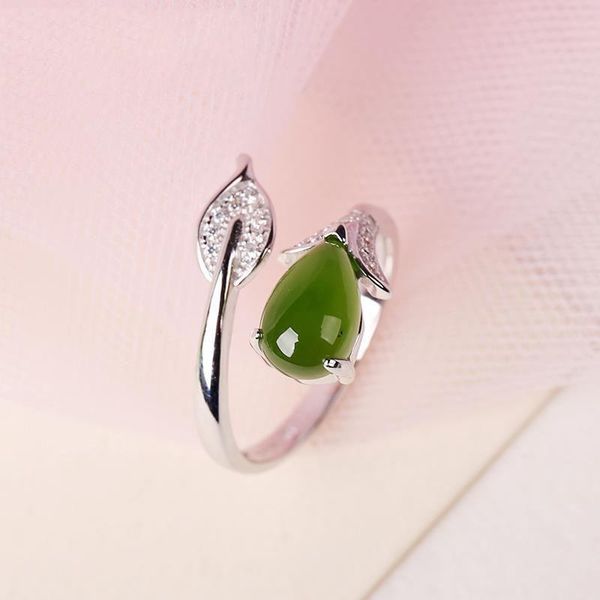 

cluster rings original natural hetian jade leaf drop opening adjustable ring elegant charm creative retro female silver jewelry, Golden;silver