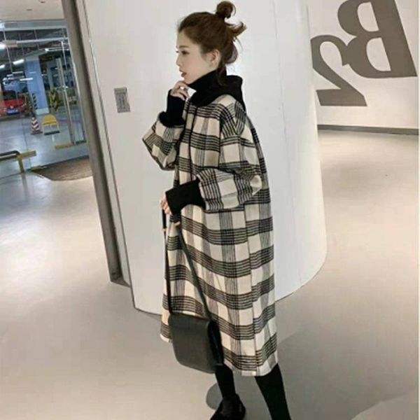 

women's hoodies & sweatshirts women long autumn winter grid casual loose hooded baggy pullover oversized sweatshirt hoodie dress, Black