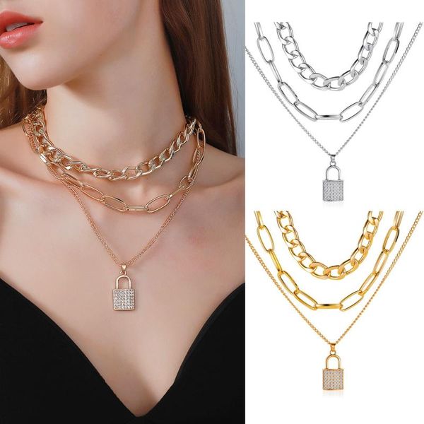 

1pcs multi layer lover lock pendant choker necklace steampunk padlock heart chain collier couple jewelry gift necklaces, Silver