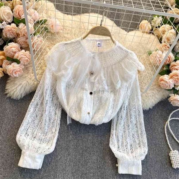 

lace shirt women fashion spring bow round neck ruffle sweet elegant lady camisas mujer blouse clothings q472 210527, White