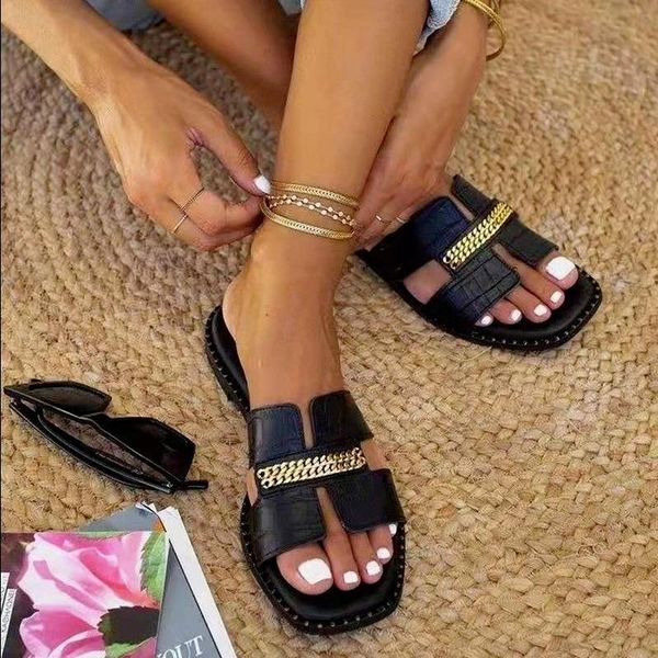 

sandals women's square toe metal decoration open flat outdoor leisure beach shoes fish mouth 2021, Black