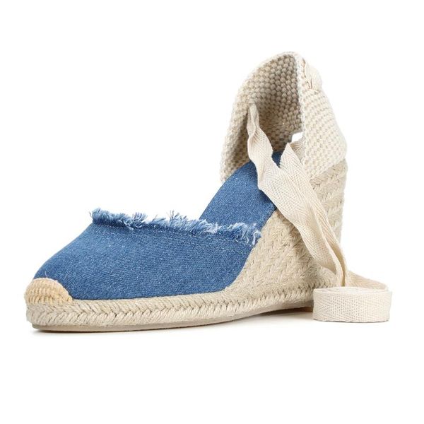 

sandals comemore 2021 denim sapato feminino sapatos mulher espadrilles wedge for with ankle strap bandage solid color 42, Black