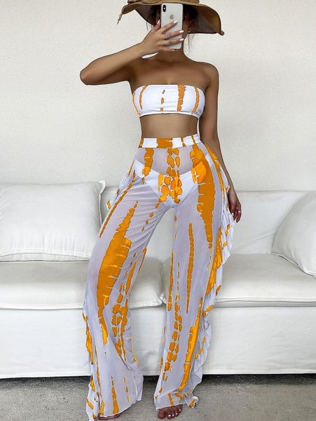 

allover print bandeau bikini swimsuit with cover up t14t#, White;black