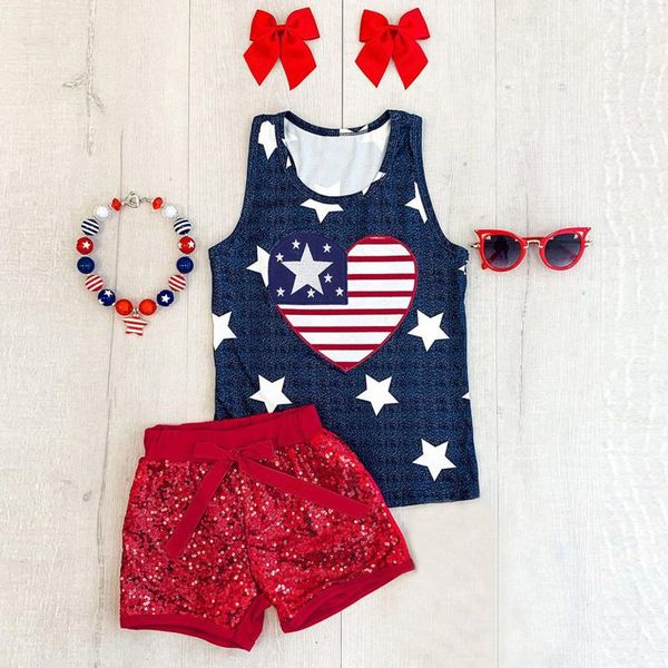

clothing sets star print children's clothes toddler baby girl sleeve 4th-of-july stars striped +paillette shorts outfits, White
