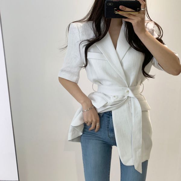 

women blazer summer office lady short sleeve blazers female loose solid minimalist ol suit jacket with belt 210421, White;black