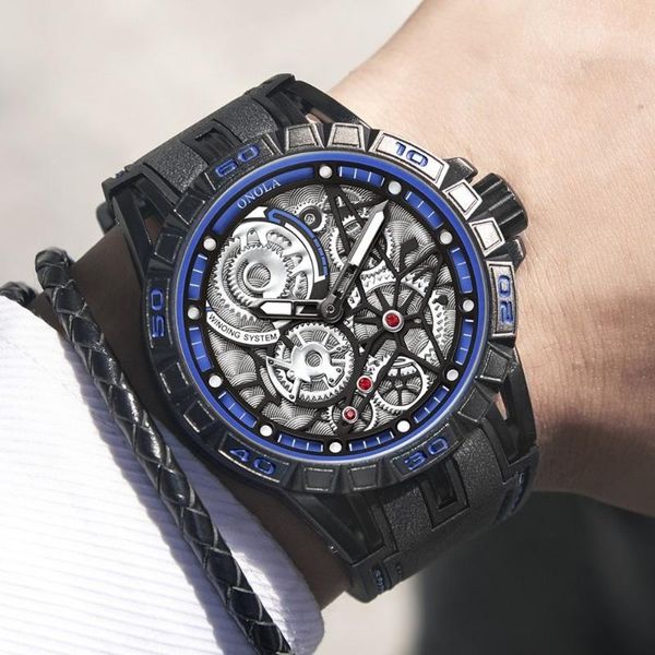 

skeleton steampunk cool men watch quartz rubber band boy sport vintage mechanical face wristwatch wristwatches, Slivery;brown