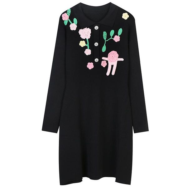 

casual dresses 2021 autumn women sweater knit dress mini vintage floral embroidery long sleeve robes vestidos japanese korean, Black;gray