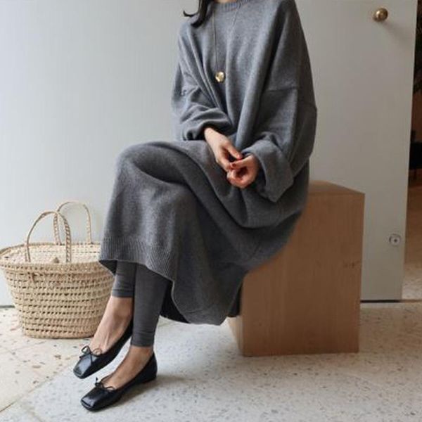 

casual dresses [ewq] korea autumn winter loose women's black o-neck long sleevelong sweater gray dress female fashion 2021 16e3409, Black;gray
