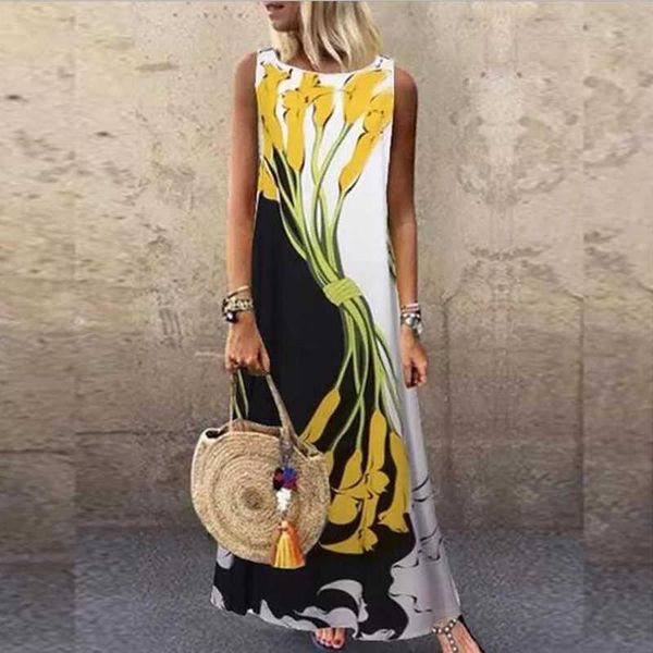 Maxi abito estivo da donna Elegante O Collo Farfalla floreale Sexy Plus Size Lino casual Allentato senza maniche Stampa Beach Sundress 210526