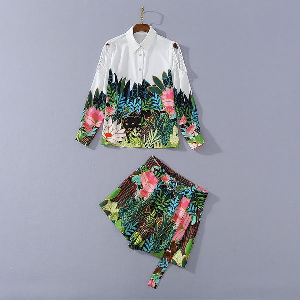 

dress european and american women's wear summer style hollowed-out shirts with long sleeves printed shorts fashion suits fe39, White