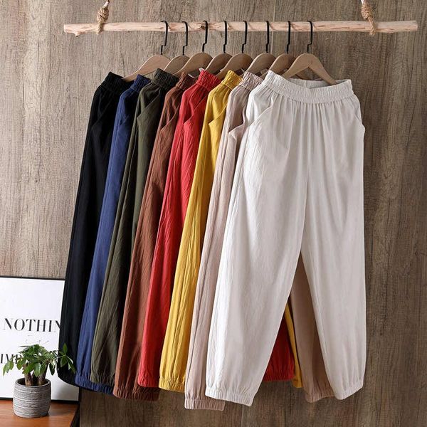 

women's pants & capris cotton linen summer women ankle-length elastic waist casual harem pantalon femme thin loose sweatpants c6305, Black;white
