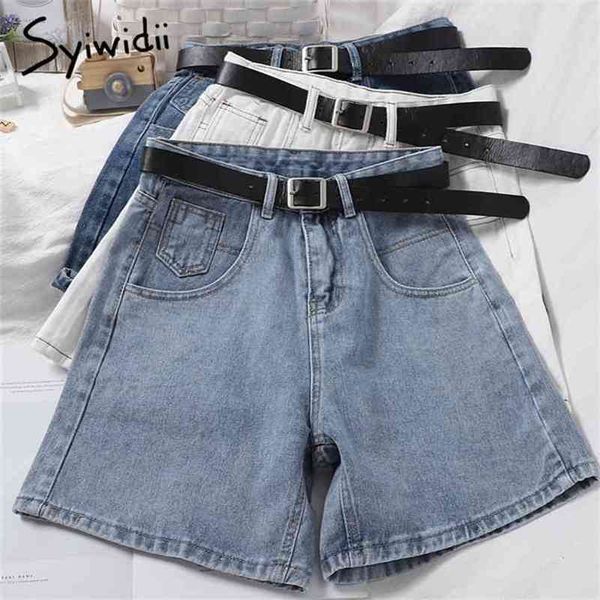 

fashion sashes high waist women's denim shorts button up zipper casual solid blue clothing summer korean jeans 210607, White;black