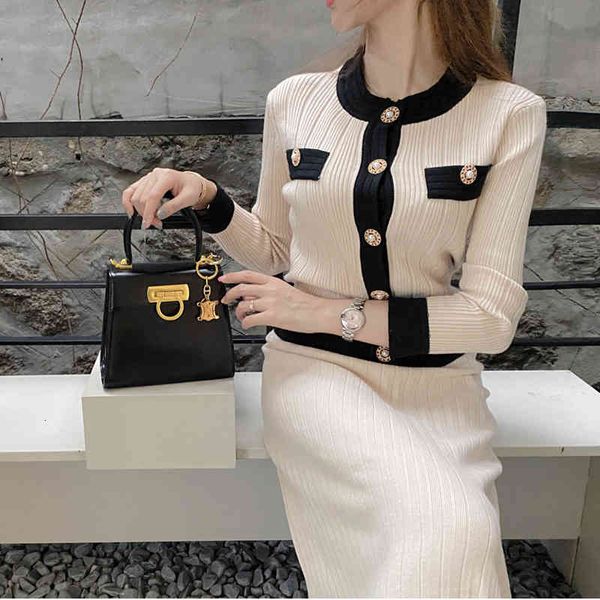 

dresses autumn winter women's 2 pieces set o neck full slim knitted sweater cardigan coat + pleated skirt retro, White