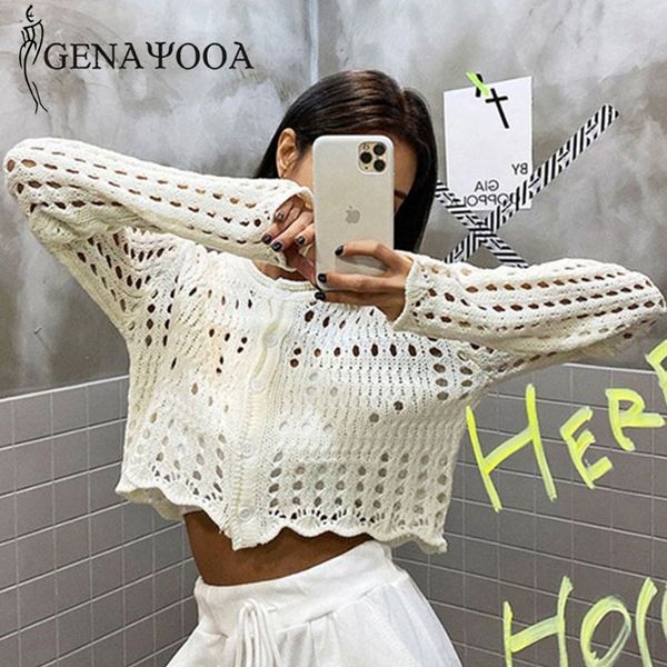

genayooa casual knitted sweater women vintage long sleeve cropped cardigan hollow out o neck ladies jumpers korean 210417, White;black