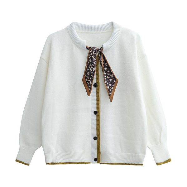 

women's sweaters floral silk scarf neck sweater korean loose single-breasted color-blocking knit women fashion cardigans 6821, White;black