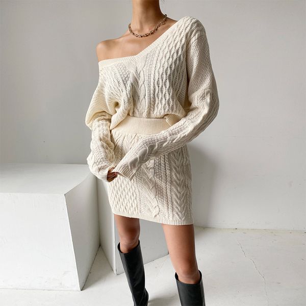 

two piece dress croysier autumn winter clothing sets of skirt knitted or crocheted with cut-f neckline and miniskirt two casual women's, White