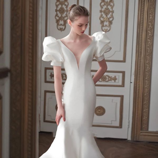 

modern wedding dress with deep v-neck short-sleeves pearl back-less bridal gown custom made satin robes de mariÃ©e, White