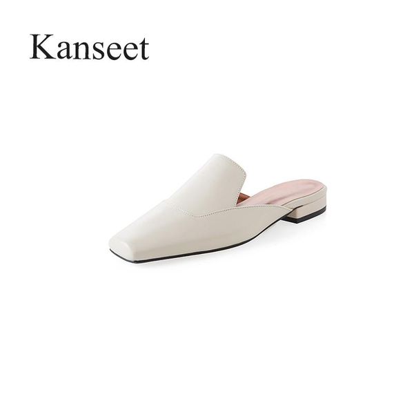 

slippers kanseet 2021 women shoes fashion design summer mules black genuine leather elegant handmade square toe low heels