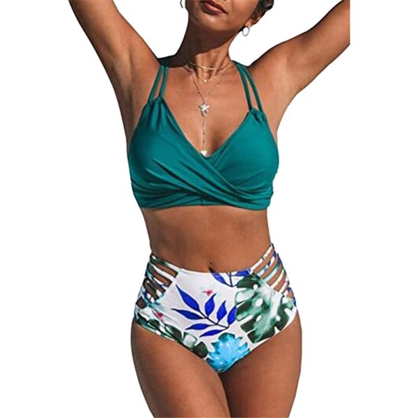 

floral print swimsuit women halter bikinis backless suit high waist beach wear 210722, White;black