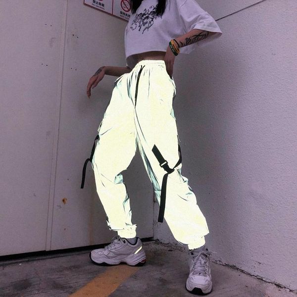 

women's pants & capris korean ulzzang harajuku streetwear reflective beam hip-hop vintage fashion high waist cargo casual women sports, Black;white