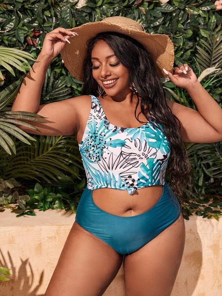 

plus tropical print cut-out one piece swimsuit i15c#, Black