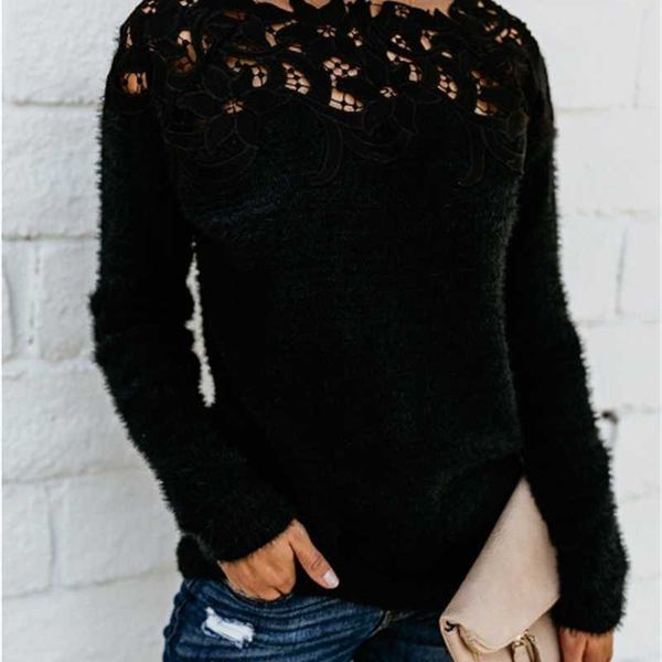 

women's thermal sweater 2021 solid color stitching lace long sleeve, White;black