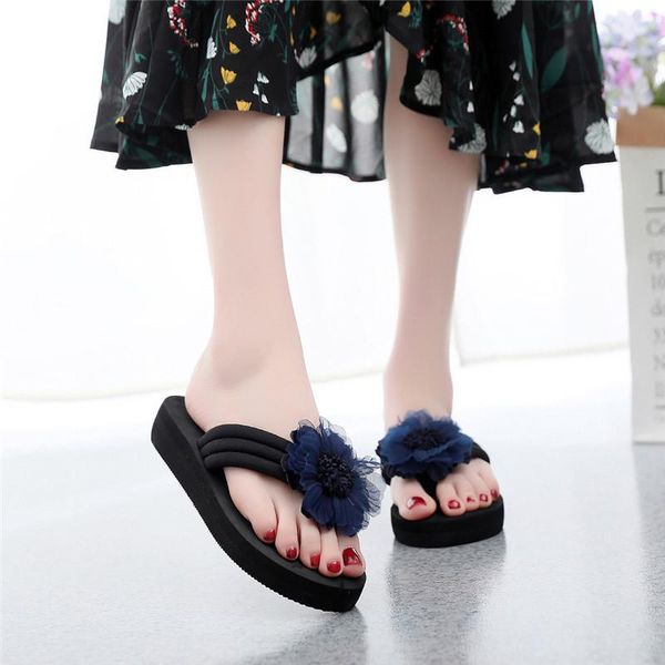 

slippers 2021 women summer flower clip toe flip flops woman casual shoes wedges female beach drop, Black