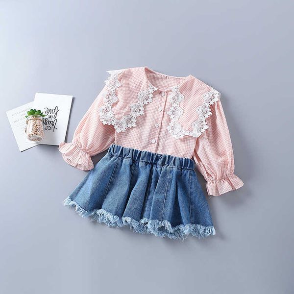 2-7 anos de alta qualidade menina vestuário conjunto outono moda xadrez rosa camisa amarela + demin saia criança crianças roupas 210615