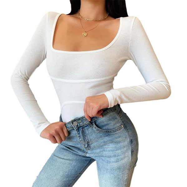 

body mechanics clothing women triangle rompers basic bodycon bodysuits casual square neck long sleeve rib knit on-piece tight leotard s, Black