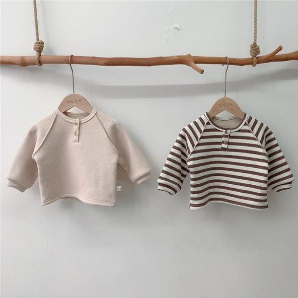 Herbst Winter Baby Mädchen Fleece Futter Warme Hemden Bottomming Tops Kleinkind Baby Jungen Gestreiften T-shirt Waffel Baby Kleidung 210413