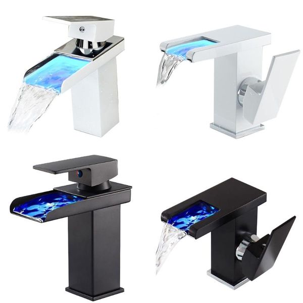 

bathroom led light sink faucet copper waterfall spout kitchen basin brass body chrome cold water mixer tap faucets