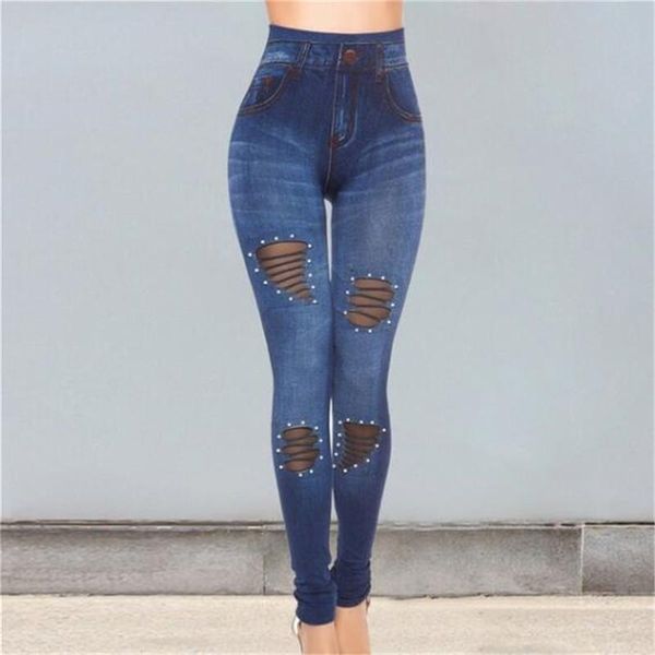

women's jeans women high waist stretch denim casual blue hole pancil pants skinny trousers