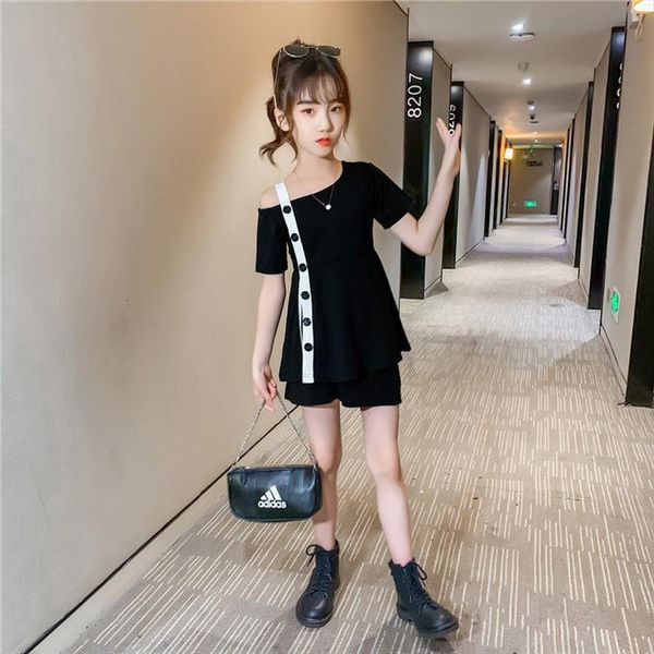 

teen girls clothing sets 8 10 12 years old 2 pcs clothes for one off shoulder suit summer fashion, White