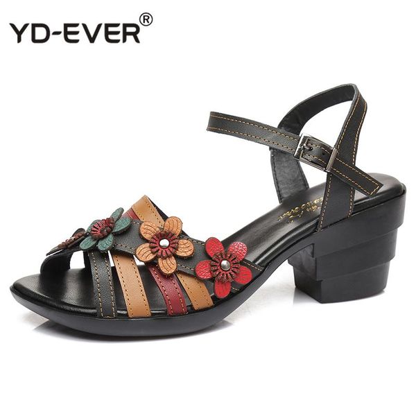 

dress shoes mixed colors flower summer woman fashion sandals retro classic genuine leather women, Black