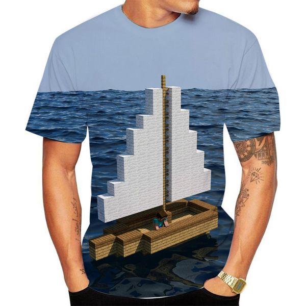 

three-dimensional ship pattern men's 3d t-shirt short-sleeved party street crew neck summer minecraft, White;black