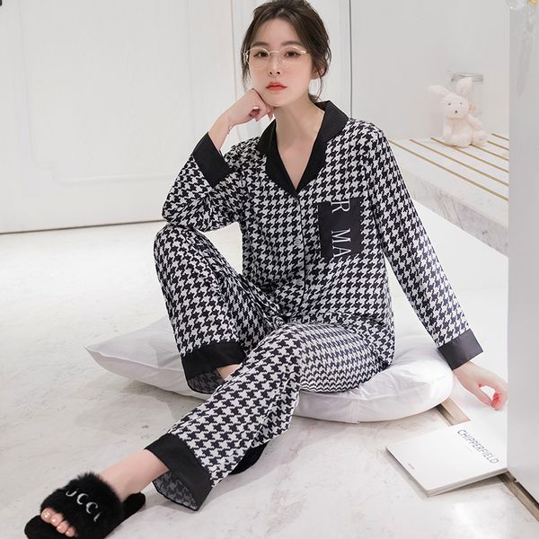 

women long sleeve nightwear autumn rayon satin knitted pajama set turn-down collar leaves printing pajamas loungewear sleepwear, Black;red
