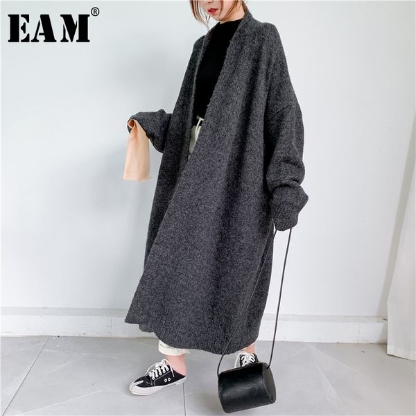 [EAM] Grey Grande Tamanho Grosso Thitting Cardigan Sweater Solta Fit V-pescoço de Manga Longa Mulheres Moda Outono Inverno 1Y163 210812